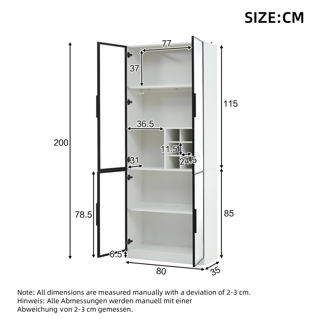 Vetrina con LED e portabottiglie con 2 ante in vetro per soggiorno o cucina in truciolare bianco 80 × 35 × 200 cm