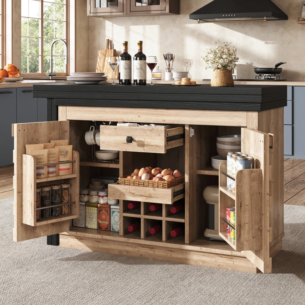 Credenza da cucina girevole 360° con 2 piani; 1 cassetto; portabottiglie rimovibile; per cucina; 120-197 × 40 × 74.2 cm