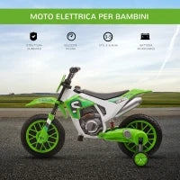 Moto da Cross Elettrica per Bambini con Rotelle, in PP e Metallo, 106.5x51.5x68 cm, Verde