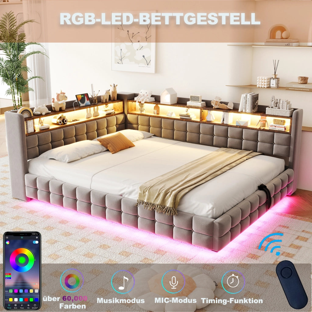LETTO Divano imbottito 140x200 cm velluto grigio chiaro con contenitore e LED