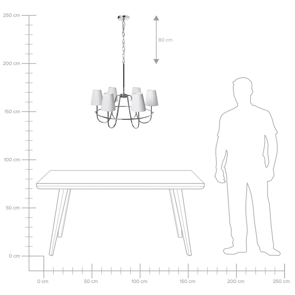 Lampadario a 6 luci in stile tradizionale per soggiorno e sala da pranzo con base in metallo e paralumi in tessuto argento