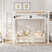 Letto a Soppalco Metallico ¨C Xylo ¨C 90x200cm, Barriera Design Finestra, Scale Intercambiabili SX/DX, Bianco