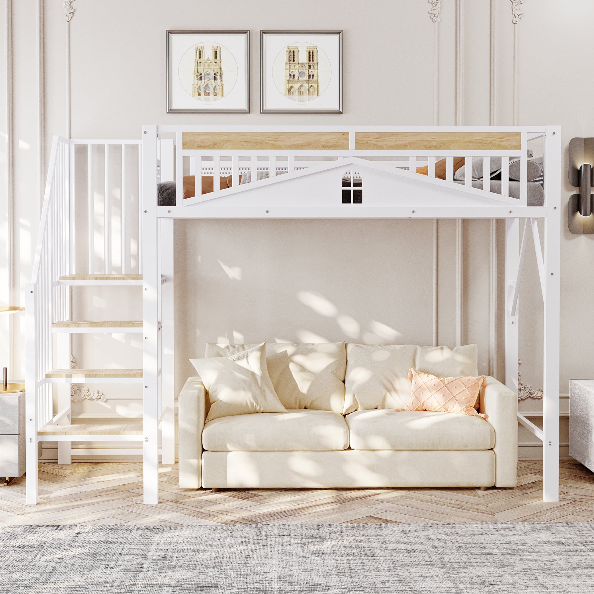 Letto a Soppalco Metallico ¨C Xylo ¨C 90x200cm, Barriera Design Finestra, Scale Intercambiabili SX/DX, Bianco