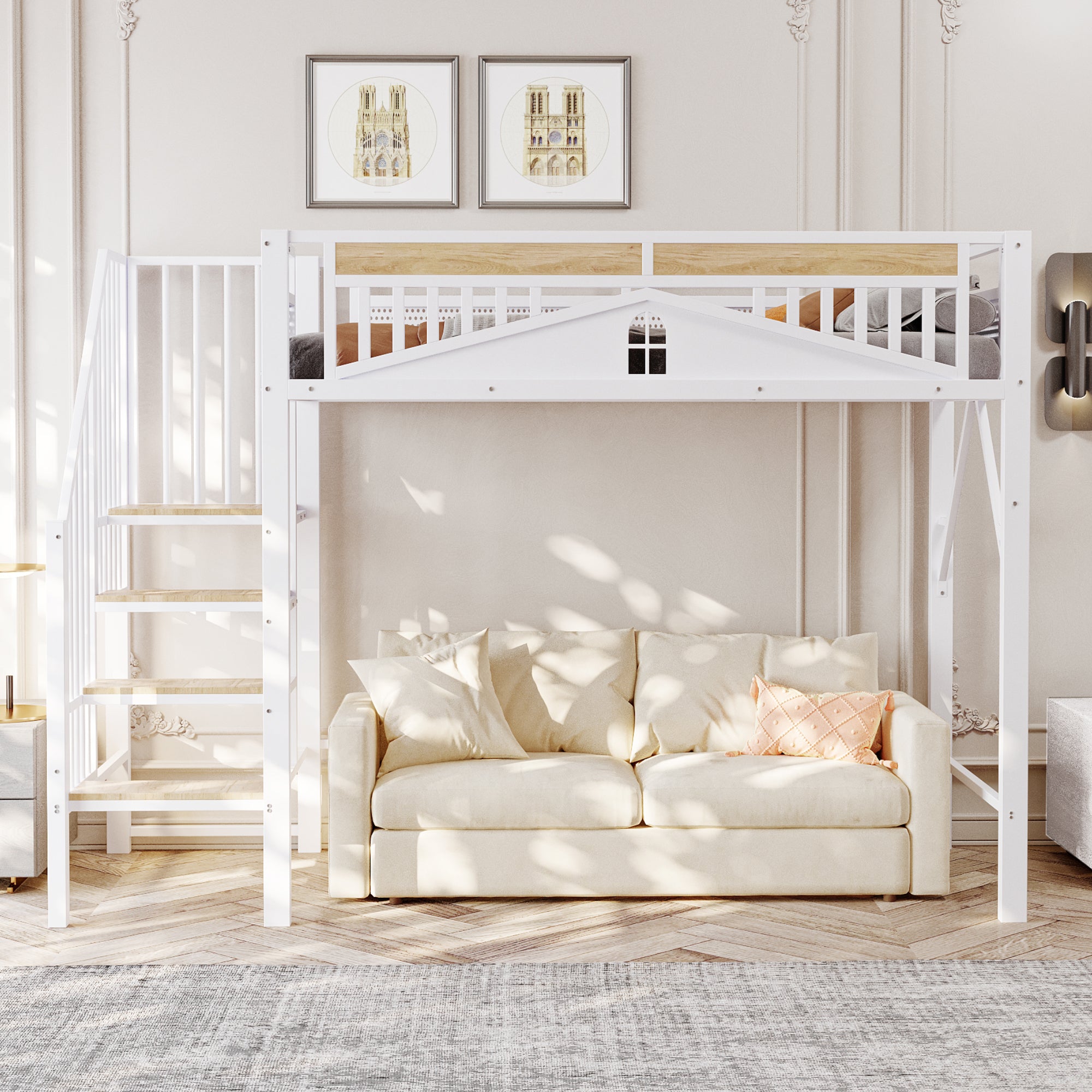 Letto a Soppalco Metallico ¨C Xylo ¨C 90x200cm, Barriera Design Finestra, Scale Intercambiabili SX/DX, Bianco