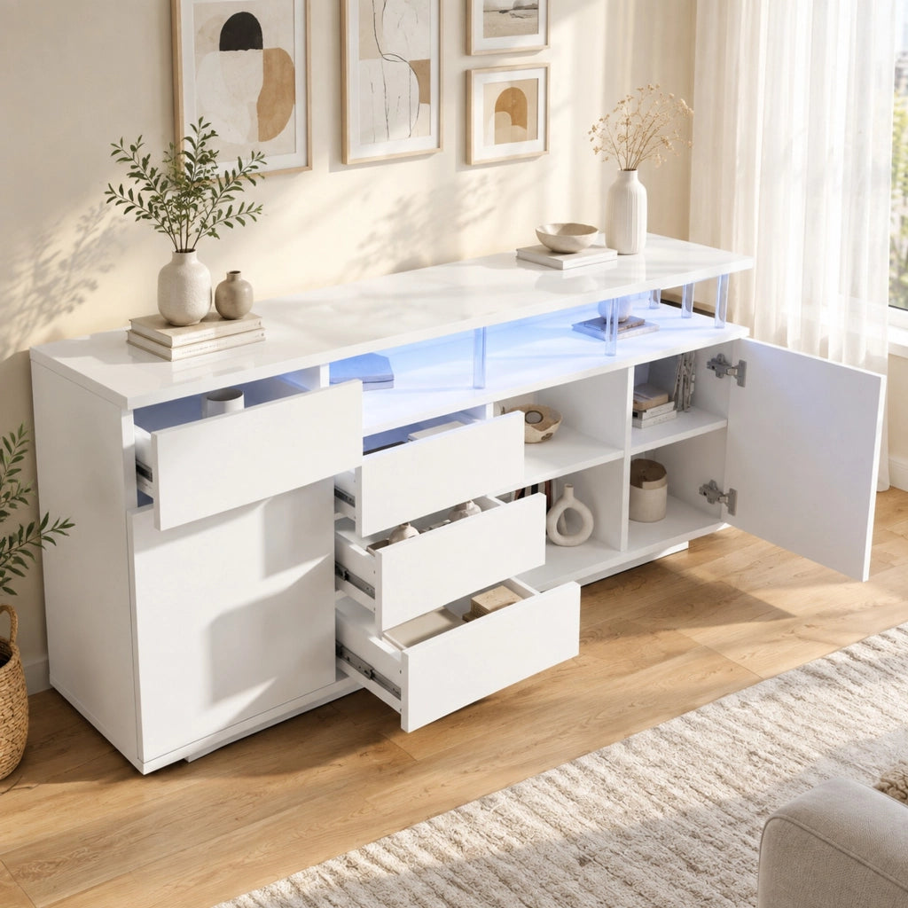 Credenza bianca 160 cm con LED, 4 cassetti e 2 ante