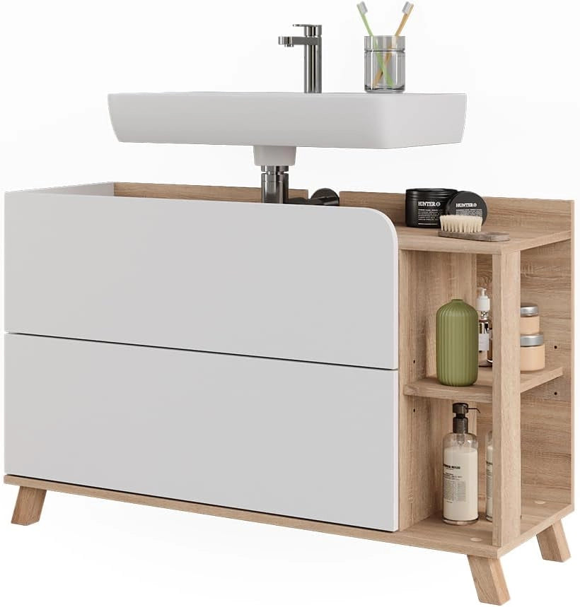 Mobiletto per lavabo Karen, Sonoma/Bianco, 100 x 65 cm con 2 cassetti, per montaggio sotto il lavabo con apertura per sifone