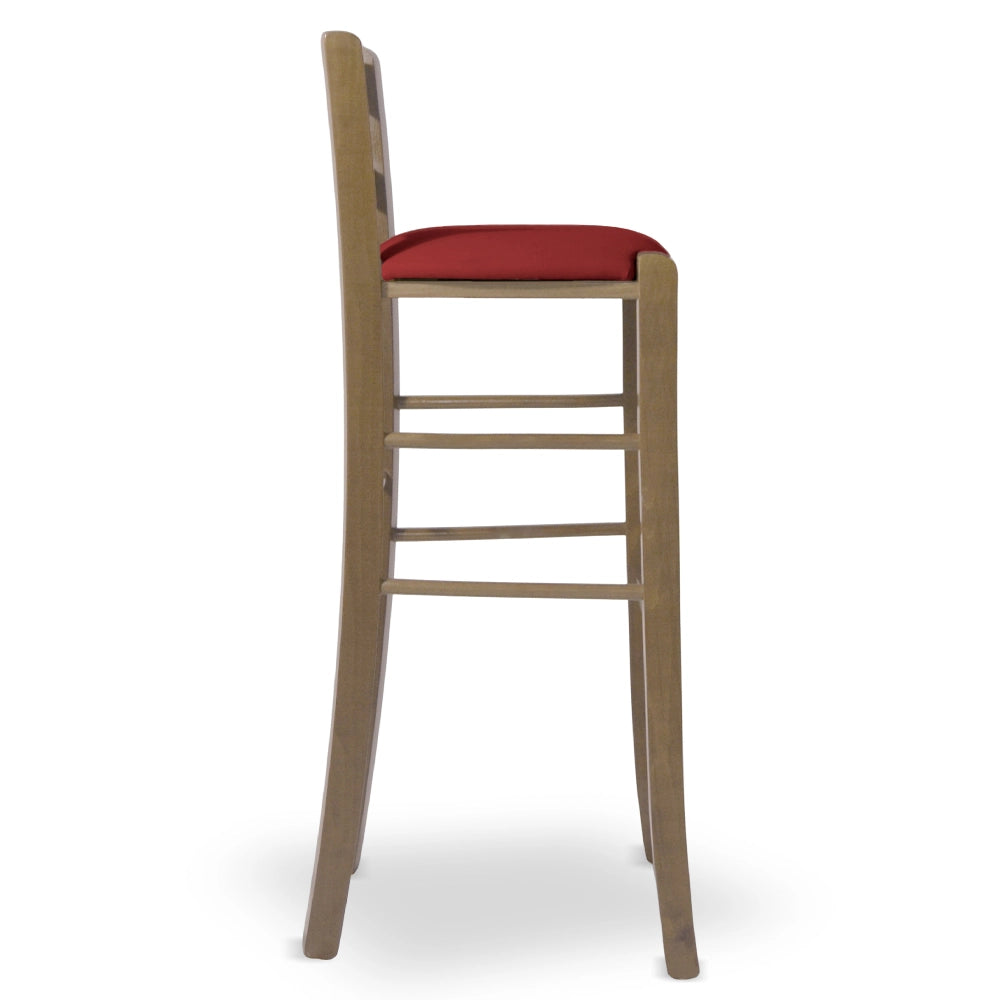 Sgabello h80 in legno noce chiaro con manico e seduta imbottita similpelle rosso