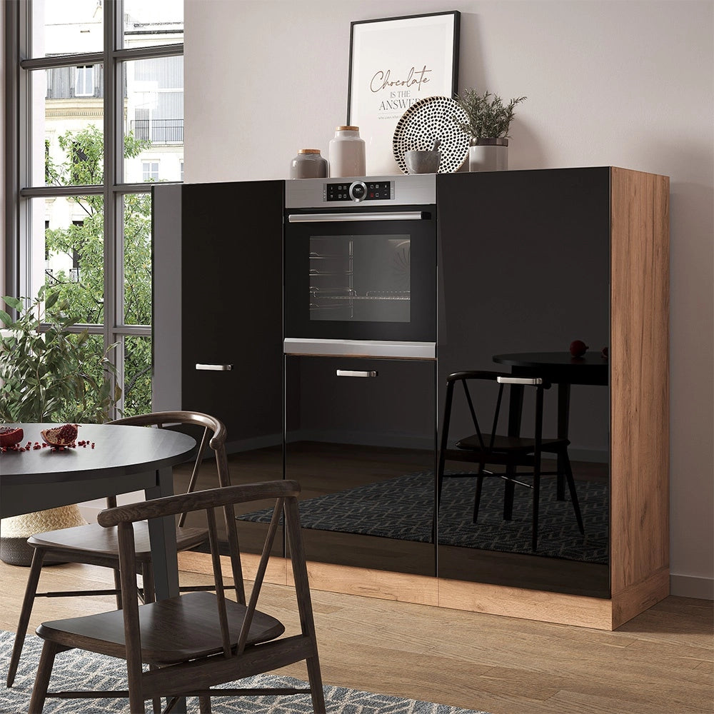 Cucine componibili piccole R-Line Nero lucido/Rovere dorato 180 cm senza piano di lavoro Vicco