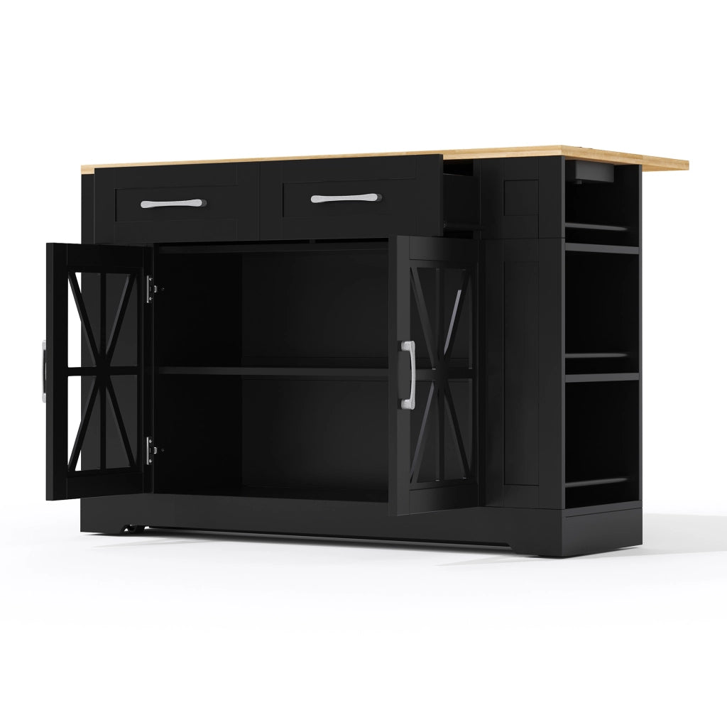 Isola cucina mobile 120x40(65)x92 cm con piano ribaltabile; prese AC e USB in MDF nero e naturale