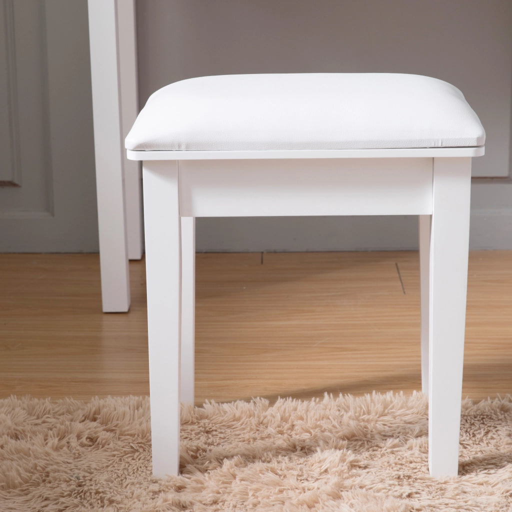 Sgabello da trucco imbottito con gambe in legno, in PU bianco