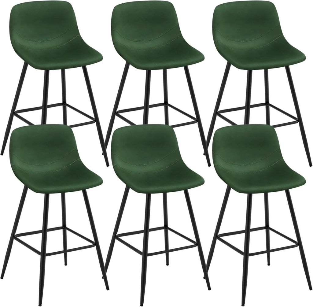 Set di 6 Sgabelli Alto da Bar, Sgabello da Cucina Moderno, Sedia da Bar con Poggiapiedi, Sgabello con Schienale, per Bistrot, Pub, Caffetteria, in Velluto e Metallo, Verde scuro, 1089BY-6