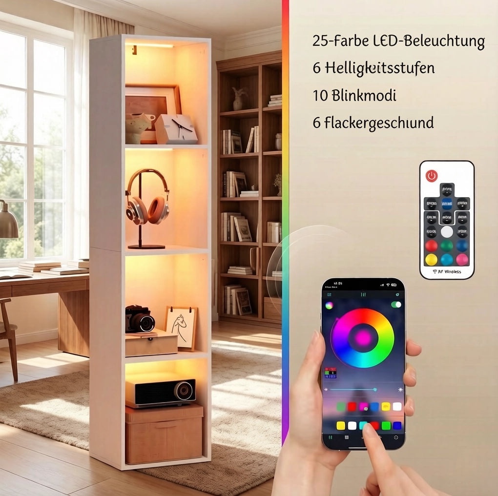 Libreria verticale bianca a 4 ripiani con illuminazione RGB