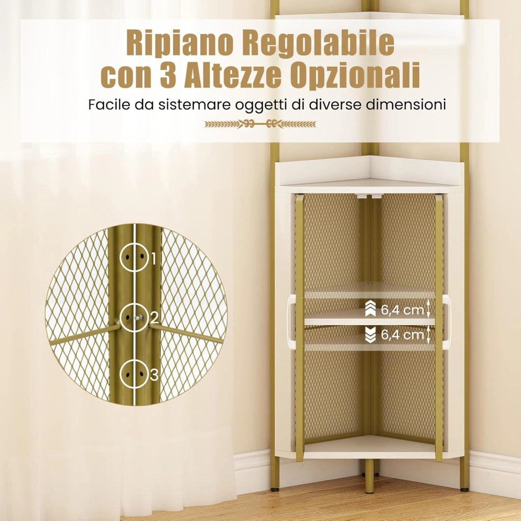 Scaffale Angolare a 6 Ripiani, Libreria Alta 170 cm con Armadietto, Scaffale Industrial per Libri con Ante, Multiuso per Soggiorno, Camera da Letto (Bianco)