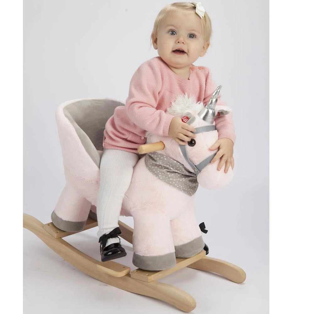 Unicorno Dondolo Cavalcabile Peluche Cavallo con Suoni Cintura Sicurezza Gioco Legno