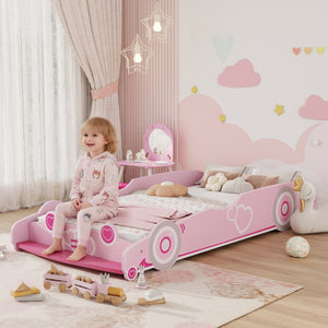 Letto per Bambini da 3-5 Anni 140x70 cm a Forma di Macchina con Sponde Rialzate di Sicurezza Rosa