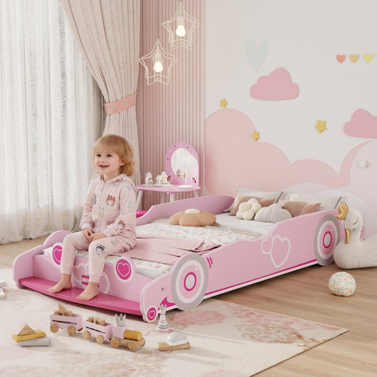 Letto per Bambini da 3-5 Anni 140x70 cm a Forma di Macchina con Sponde Rialzate di Sicurezza Rosa