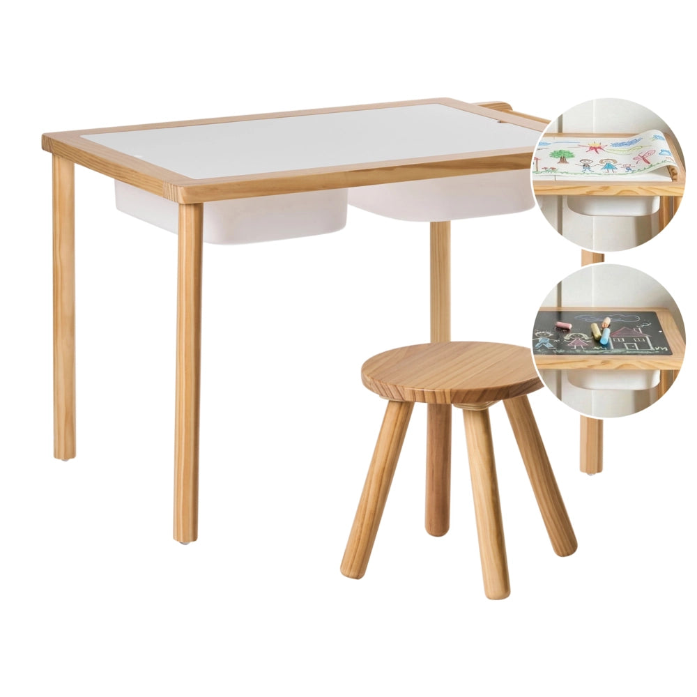 Set tavolo + sgabello Montessori per bambini in legno di pino marrone chiaro per cameretta bambini con funzione di disegno Aggiungi carta Scandi