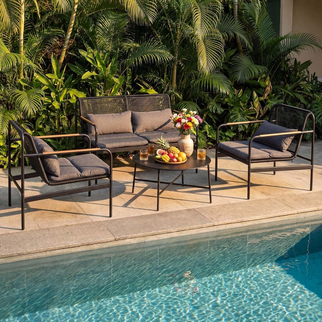 Set Salotto da Giardino 4 Pezzi in Rattan PE, Tavolo da Giardino con 2 Poltrone e Divano a 2 Posti, Set Mobili da Esterno con Struttura in Metallo e Cuscini Imbottiti, per Balcone e Patio