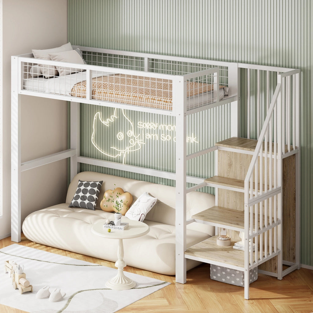 Letto a soppalco 90x200 cm con scala e armadio in metallo bianco