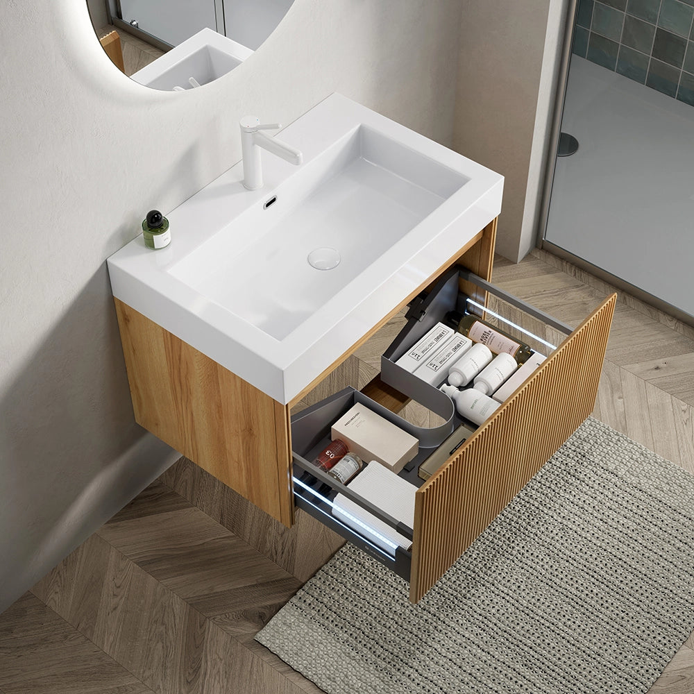 Mobile lavabo a muro - Xylo - 70 cm - Vasque rettangolare in resina bianca, colore legno naturale
