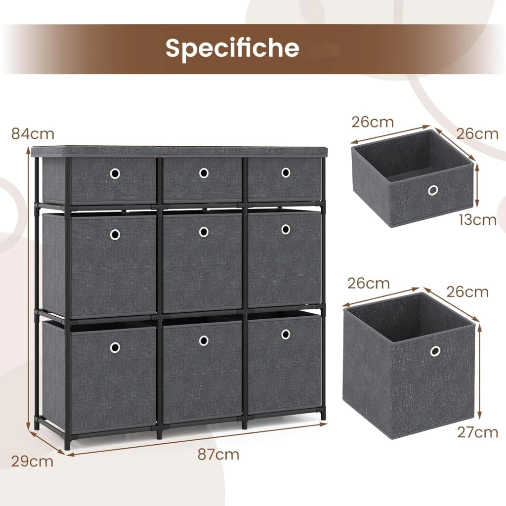 Comò con 9 Cassetti, Cassettiera in Tessuto con Struttura in Metallo e Legno, Armadietto Portaoggetti Salvaspazio, per Soggiorno, Camera da Letto e Corridoio (87 x 29 x 84 cm,Grigio)