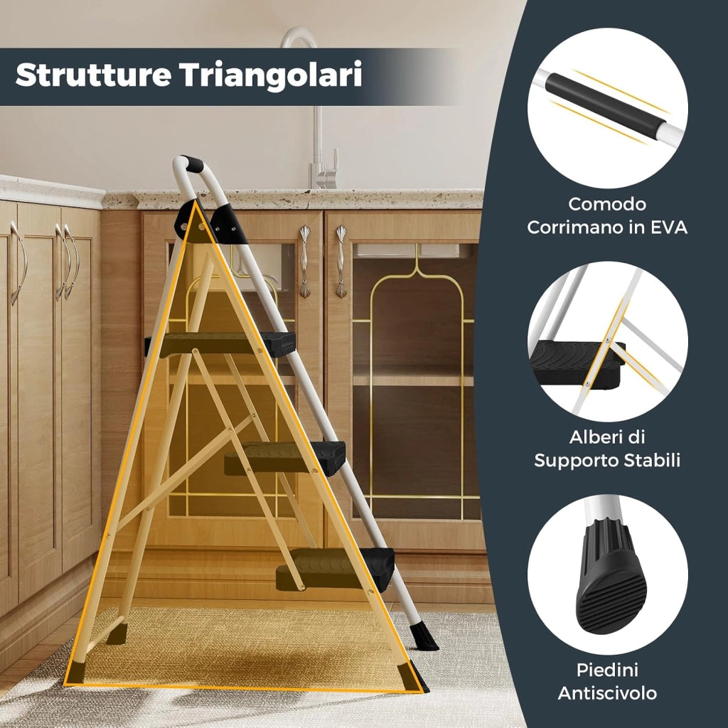Scala a 3 Gradini, Scaletta Pieghevole in Acciaio con Corrimano Imbottito, Pedale Antiscivolo e Blocco di Sicurezza, per Cucina, Giardino e Ufficio, Portata 360 kg (Nero + Bianco)