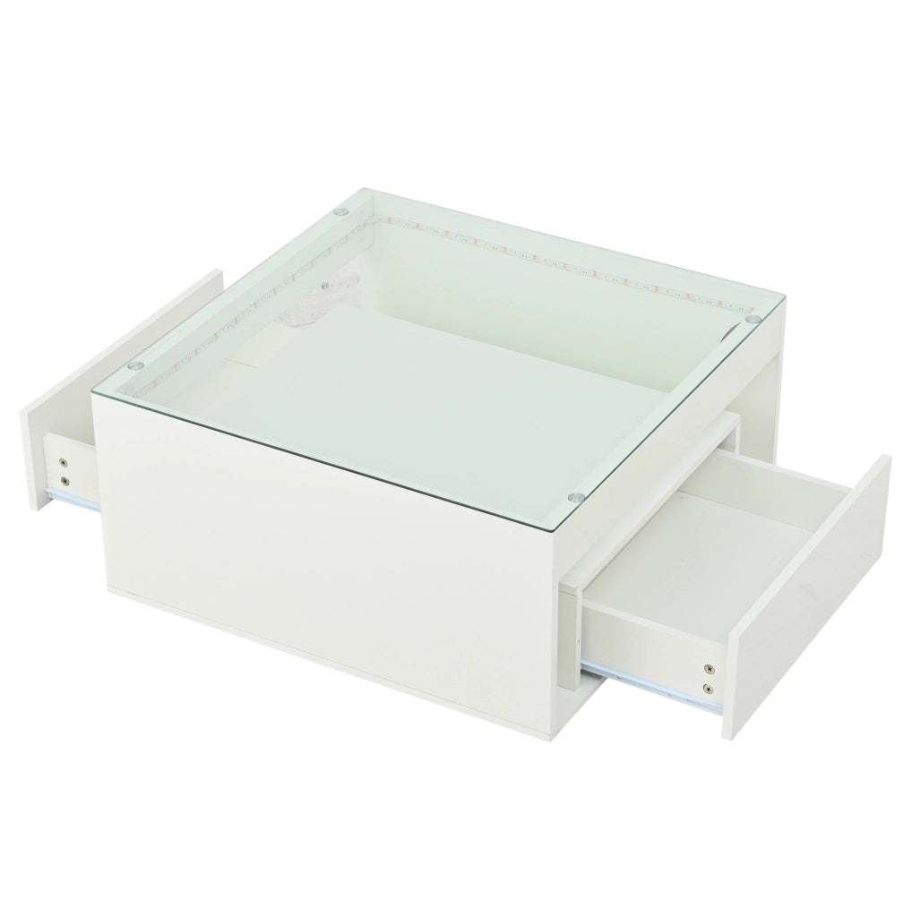 Tavolino da caffè 70x70x35 cm; con LED e piano in vetro temperato; MDF bianco