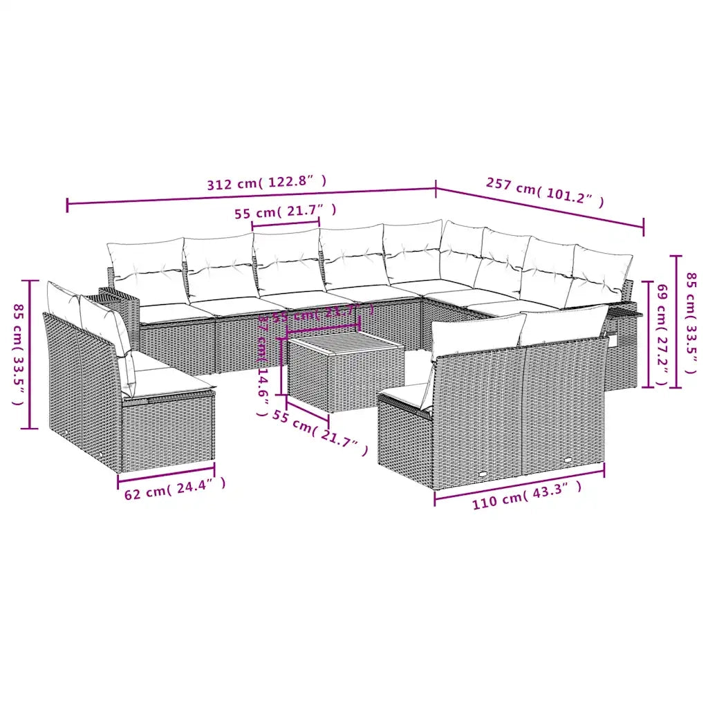 Set Divani da Giardino 13 pz con Cuscini Grigio in Polyrattan 3224815