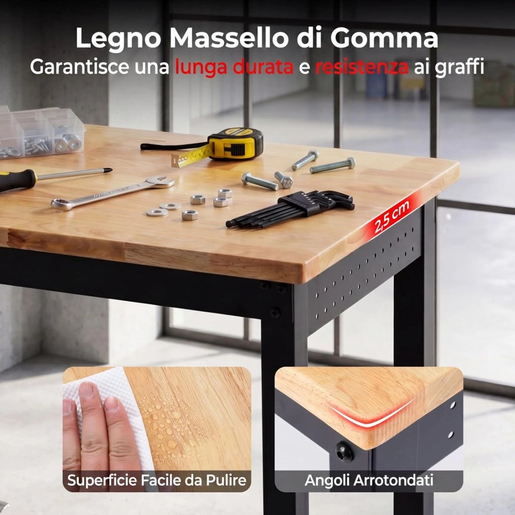 Banco da Lavoro Officina 122 x 51 cm, Tavolo da Lavoro Regolabile in Altezza con Stazione di Ricarica e Pannello Forato, Banco da Saldatura in Metallo per Garage e Magazzino, Portata 900 kg