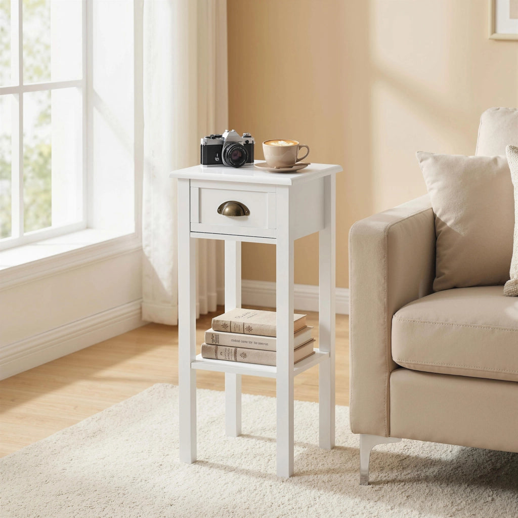 Tavolino con Cassetto e Ripiano ¨C zephmum ¨C 30x30x75 cm Bianco