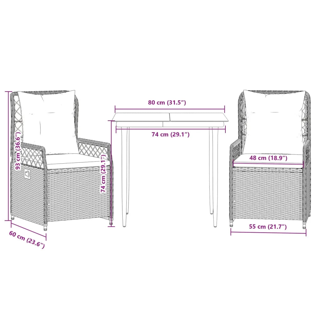 Set da Pranzo da Giardino 3 pz | Set Salotto da Giardino con Cuscini Beige in Polyrattan