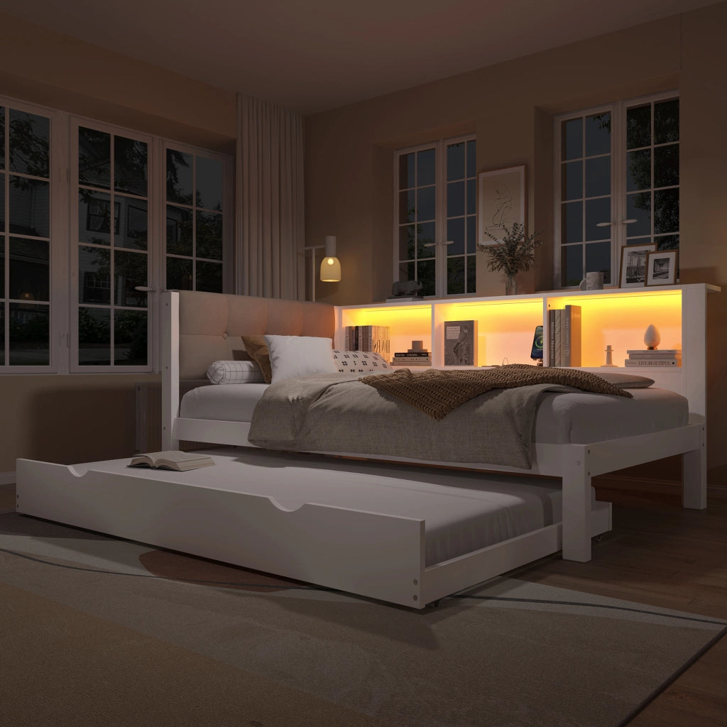 DESMIU Letto singolo 90 × 200 cm con letto estraibile, LED regolabile, ripiani e USB, senza materasso, bianco