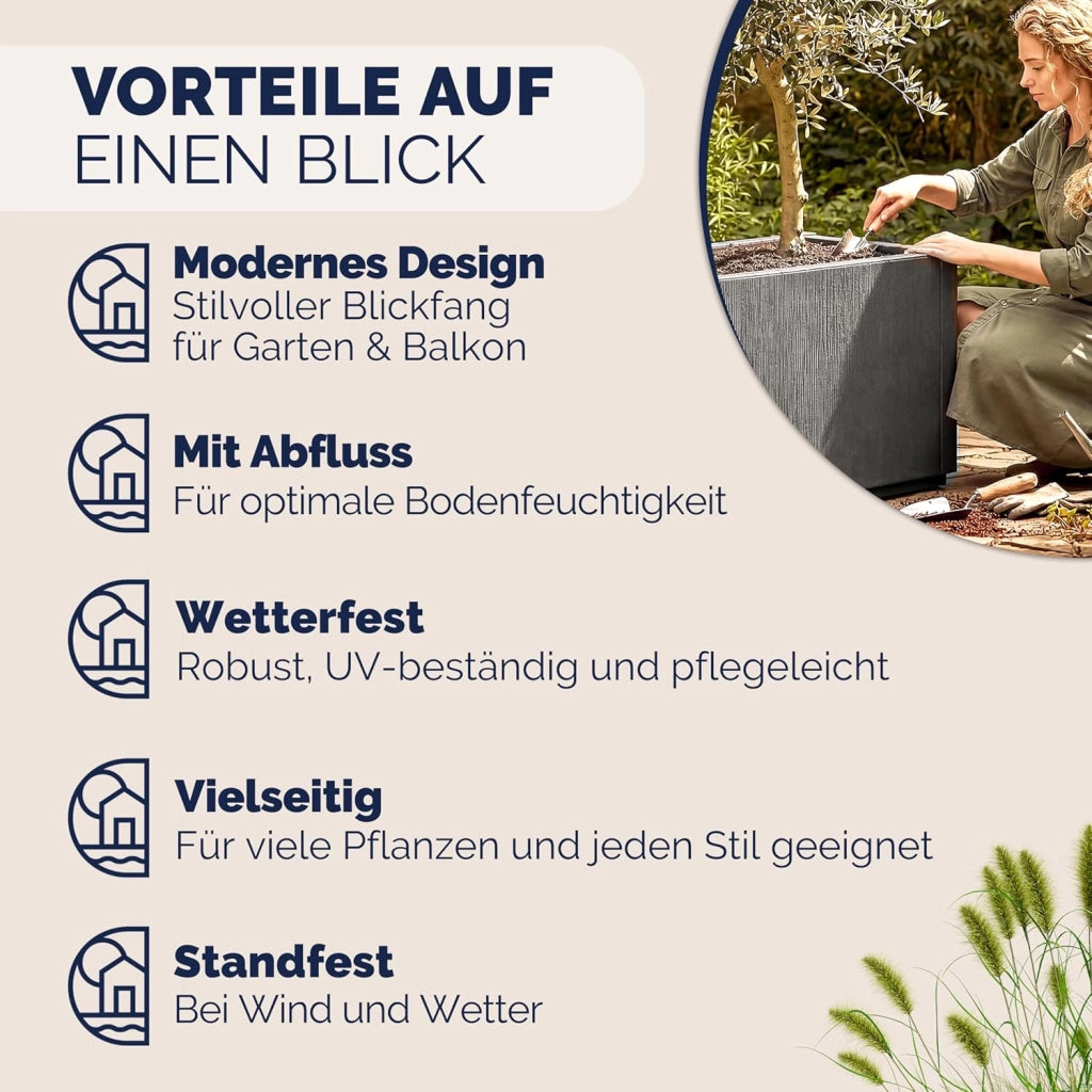 ® 2x Fioriera da Esterno Ethica in Plastica 80L 80x36x35cm Base Drenante Fioriere da Giardino Vaso Grade per Fiori Vasi per Piante Rettangolari