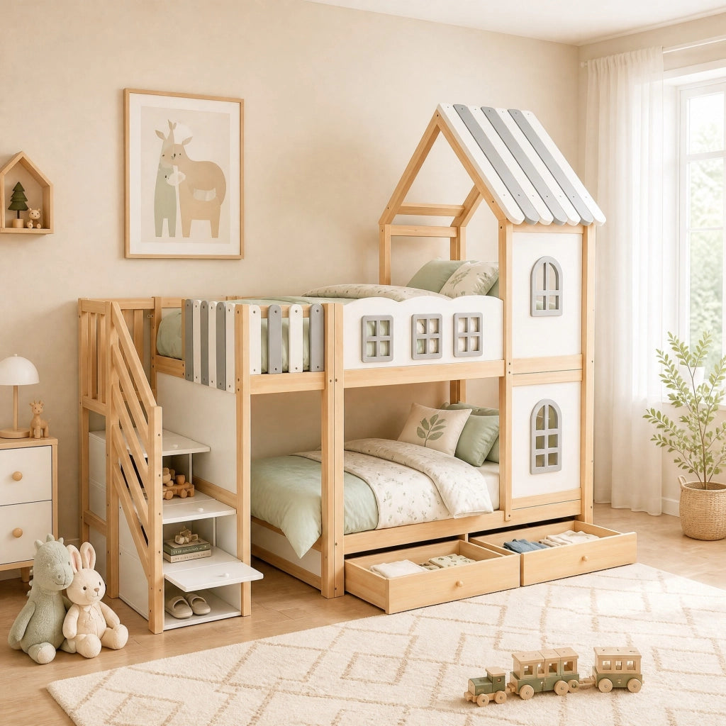 Letto a castello per bambini a casetta 90x200 cm con scala contenitore; bianco grigio legno naturale