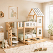 Letto a castello per bambini a casetta 90x200 cm con scala contenitore; bianco grigio legno naturale