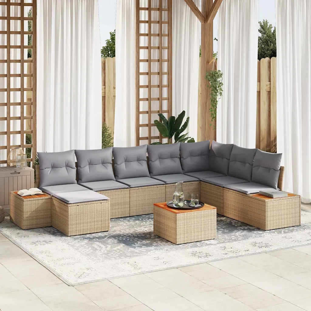 Set Divano da Giardino con cuscino 9 pcs Beige Poly Rattan