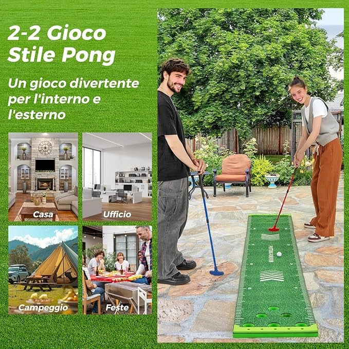 Putting Green, Set Gioco Golf Pong con 2 Putter Regolabili, 6 Palline e 12 Copri Buchi, Tappetino da Golf per Fester, Giardino e Casa, 332 cm x 50 cm