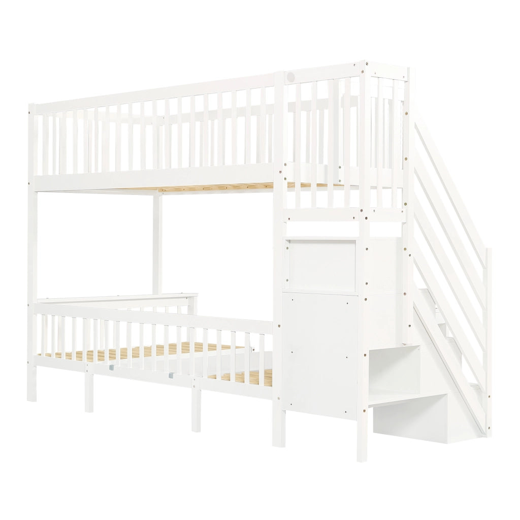 Letto a Castello 90x200 cm e 120x200 cm; con Tavolo Regolabile; Scala Contenitore e Sponda; Bianco