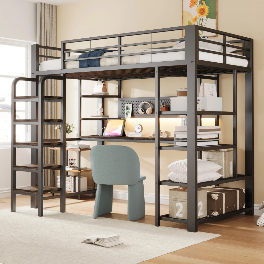 LETTO A SOPPALCO 90x200 cm in metallo e legno nero con scrivania, LED e prese