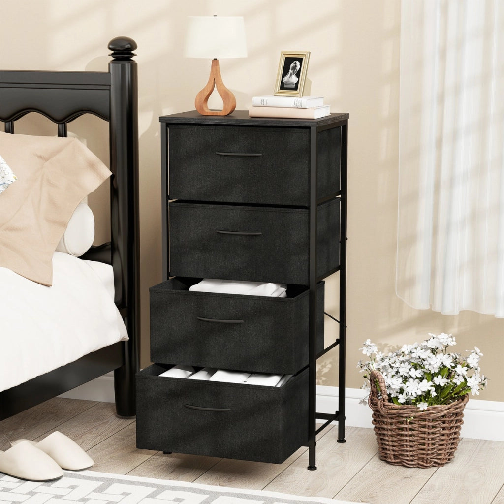 Cassettiera con 4 cassetti torre portaoggetti in tessuto con piano in legno, Cassettiera maniglie facili da tirare Nero-Comodini