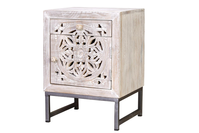 Tavolino a 1 cassetto e 1 anta in massello di mango intagliato