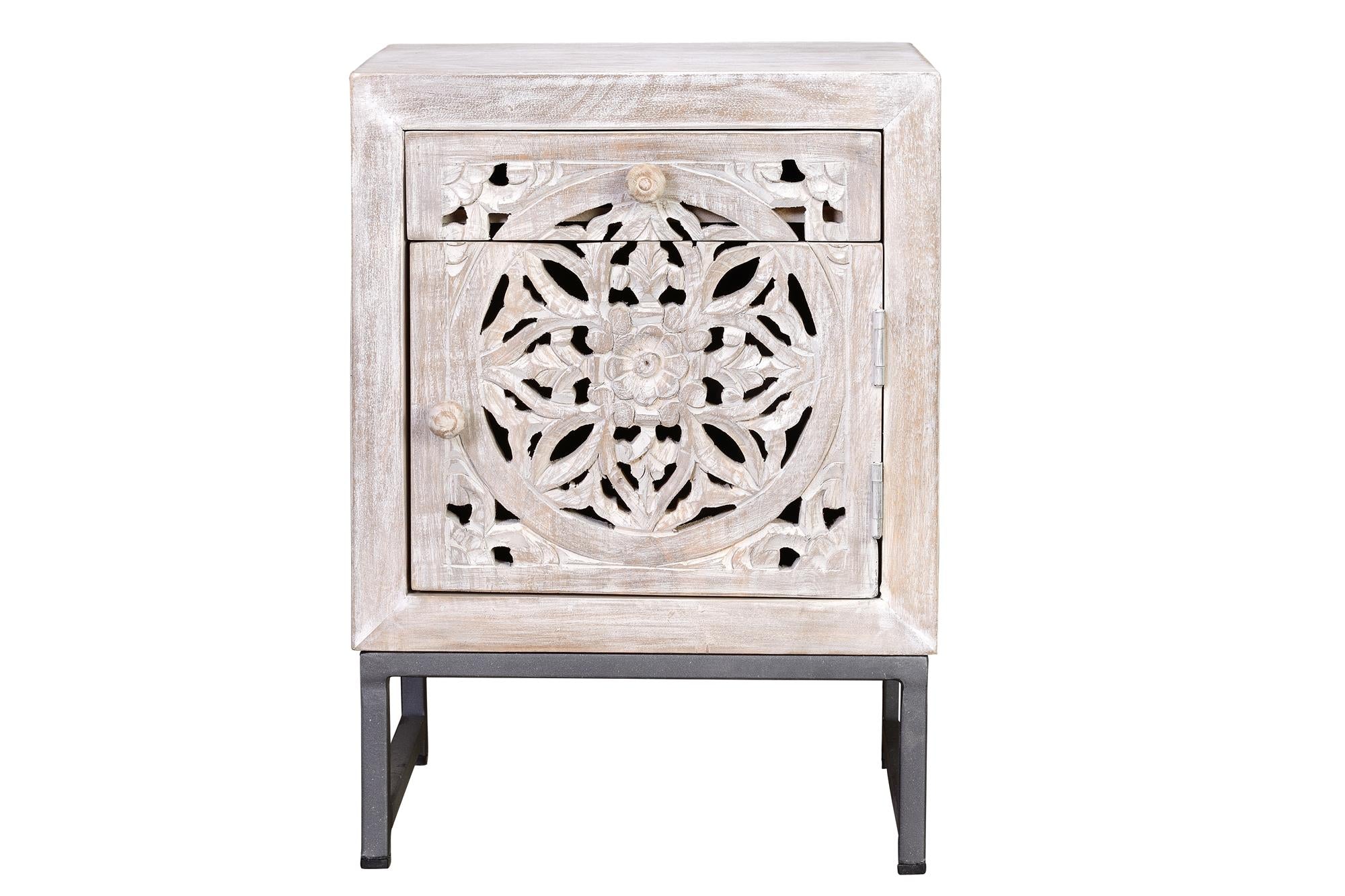 Tavolino a 1 cassetto e 1 anta in massello di mango intagliato