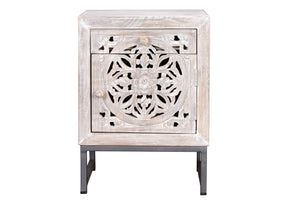 Tavolino a 1 cassetto e 1 anta in massello di mango intagliato