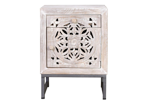 Tavolino a 1 cassetto e 1 anta in massello di mango intagliato