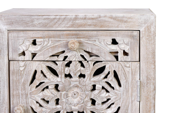 Tavolino a 1 cassetto e 1 anta in massello di mango intagliato