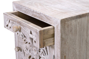 Tavolino a 1 cassetto e 1 anta in massello di mango intagliato