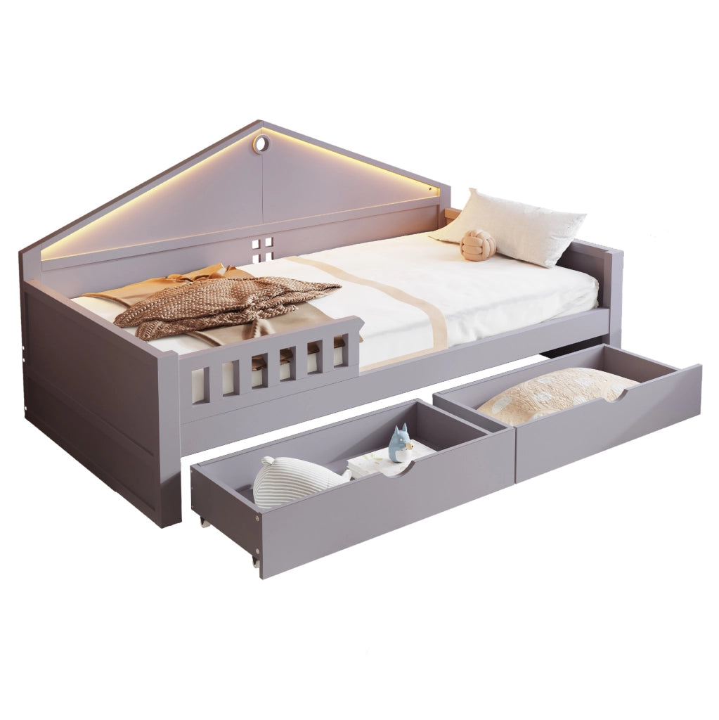 Letto singolo multifunzione 90x200 cm con LED e 2 cassetti; grigio in legno e MDF