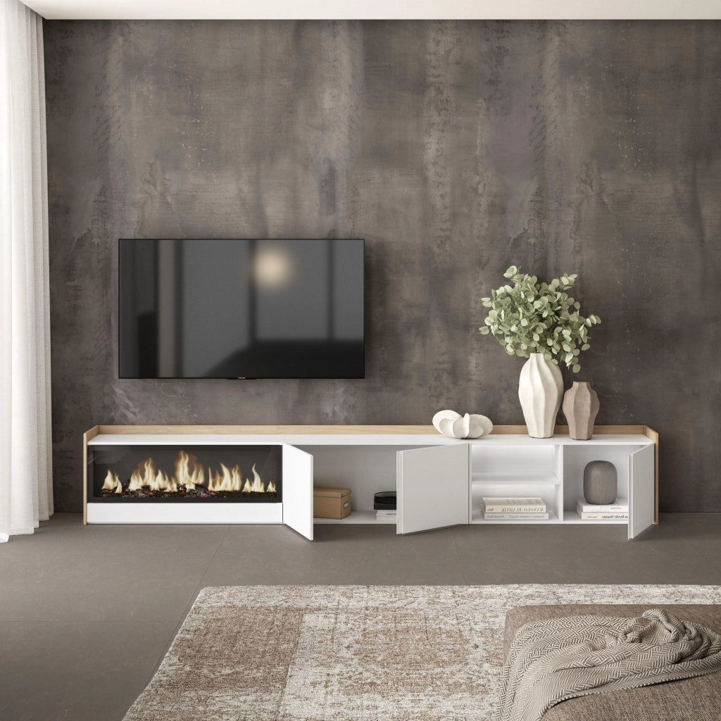 Mobile TV Soggiorno, 315x50x35 cm, Per TV fino a 80", Camino elettrico XXL, LED, Bianco e Rovere soft
