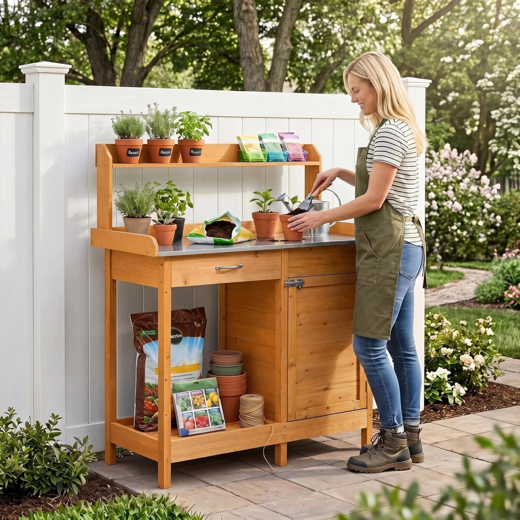 Tavolo da Giardinaggio in Legno con Piano in Acciaio (Legno) | Tavolo per Piante con Ripiani Aperti, Armadietto, Cassetto e 3 Ganci, Banco da Lavoro per Giardino e Balcone, 112x46,5x125 cm