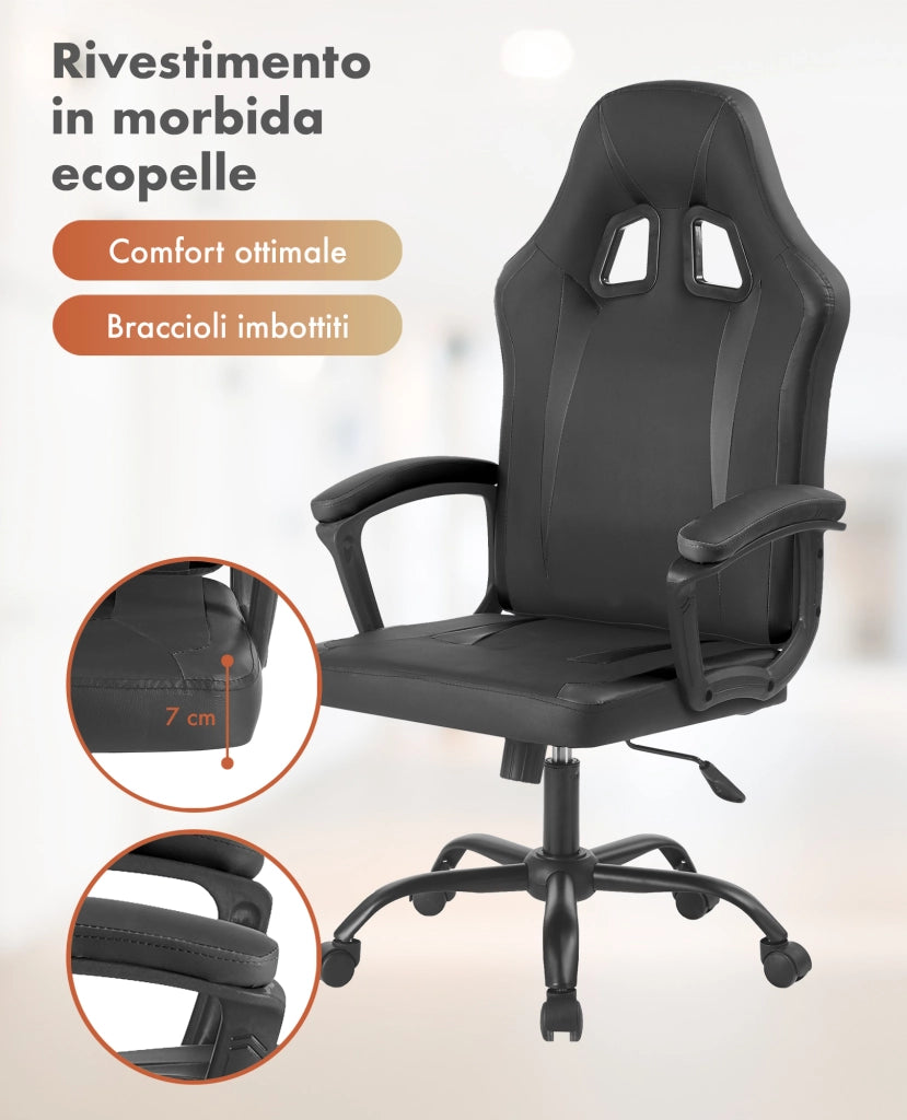 Sedia Gaming Adulto Professionale SimilPelle Reclinabile Con Braccioli Poltrona Ufficio Regolabile in Altezza Pistone Gas Gamer Portata 150 Kg Nero